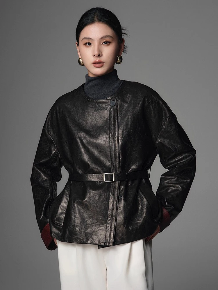 

O-neck Casual Genuine Leather Jackets for Women Spring Autumn 2026 High-end Simple Oil Wax Real Goatskin Leather Coat with Belt
