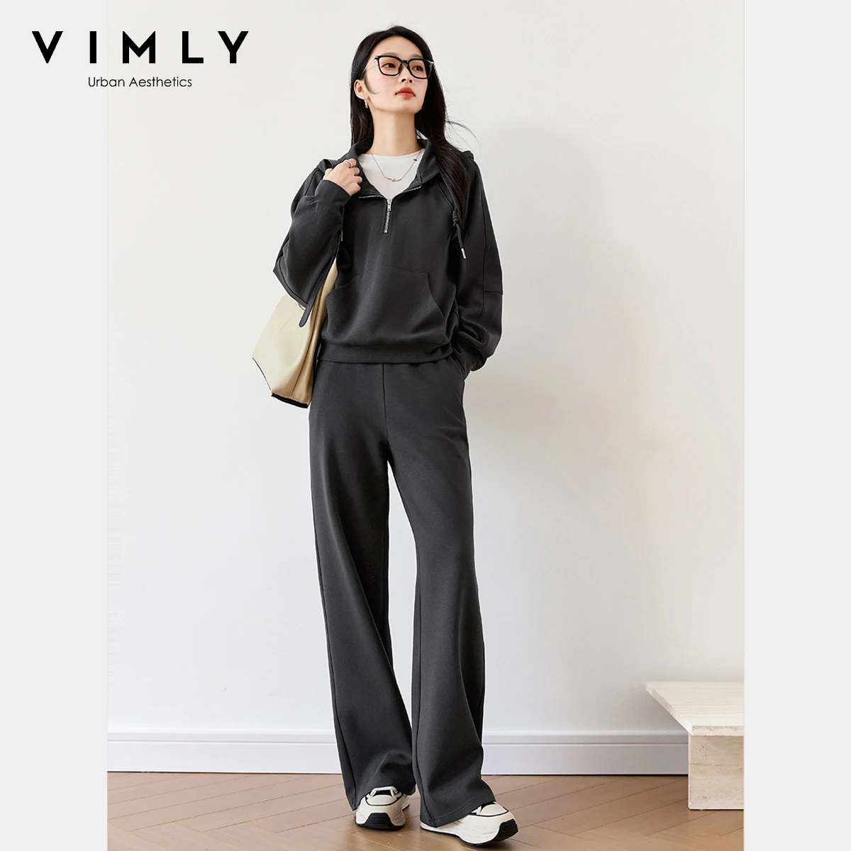 VIMLY Hosen-Sets für Damen, 2-teilig, sportlich, Herbst 20225, mit Kapuze, Kordelzug, Oberteile, lässig, weite Beine, lange Hosen, Damen-Hosen-Sets M8373