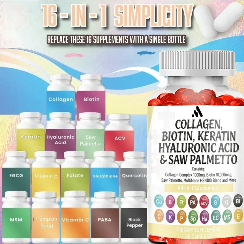 collagen capsules containing biotin, keratin, hyaluronic acid, saw palm, vitamin- nail skin and hair health support