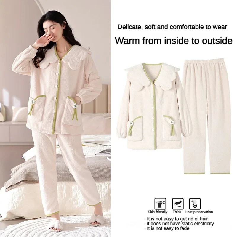 New Flannel Women Pajamas Set Spring and Autumn Leisure Can Be Worn Outside The Long-sleeved Long Pants Sleepwear Homewear Suit