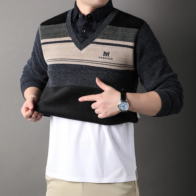 

Mens Thick Sweater Pullover Winter Shirt Collar Knit Sweaters Striped Casual Knitwear Contrast Jumpers Male Velvet Top Clothes
