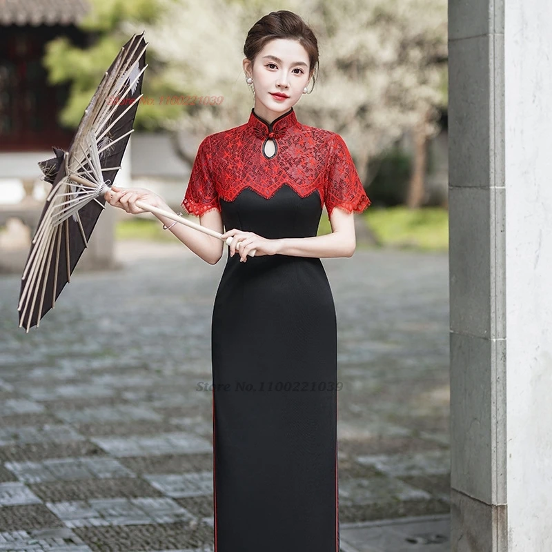 

2025 national lace flower formal dress chinese improved qipao stage performance cheongsam oriental banquet evening qipao dress