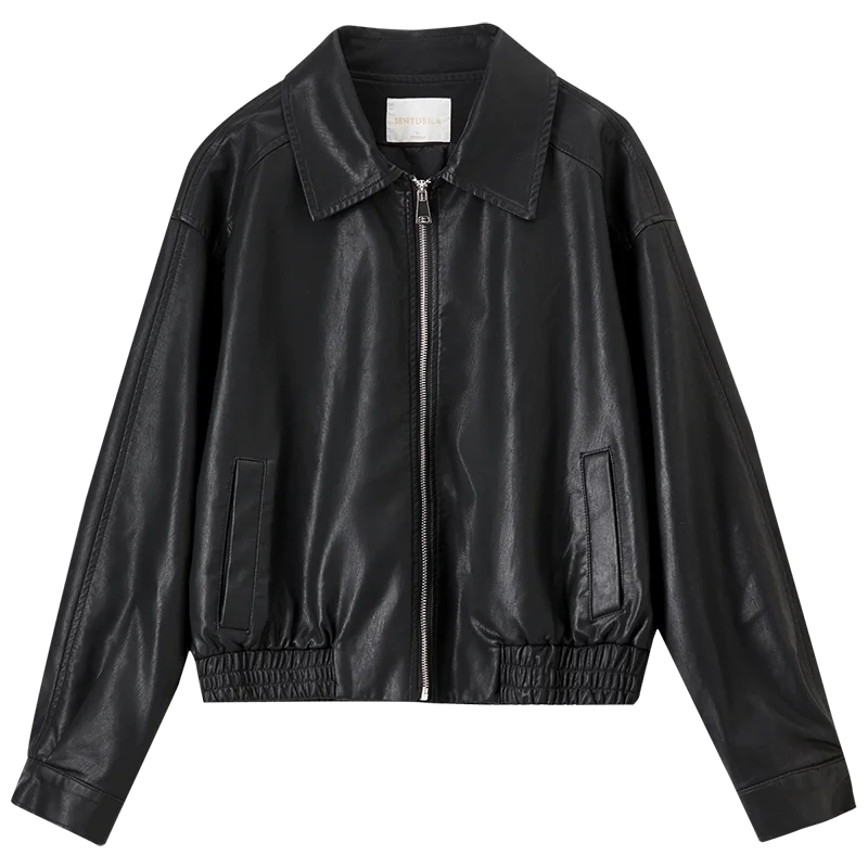 SENTUBILA Damen-Lederjacke, Frühling 2022, Retro, solide, elastisch, Reverskragen, lange Ärmel, Reißverschlüsse, Motorrad-Pu-Mäntel W51G73596