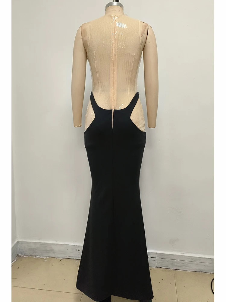 فستان ماكسي حورية البحر نسائي براقة بدون أكمام موديل 2025 مزين بالترتر المتلألئ قماش عالي الجودة مثير عصري للحفلات المسائية