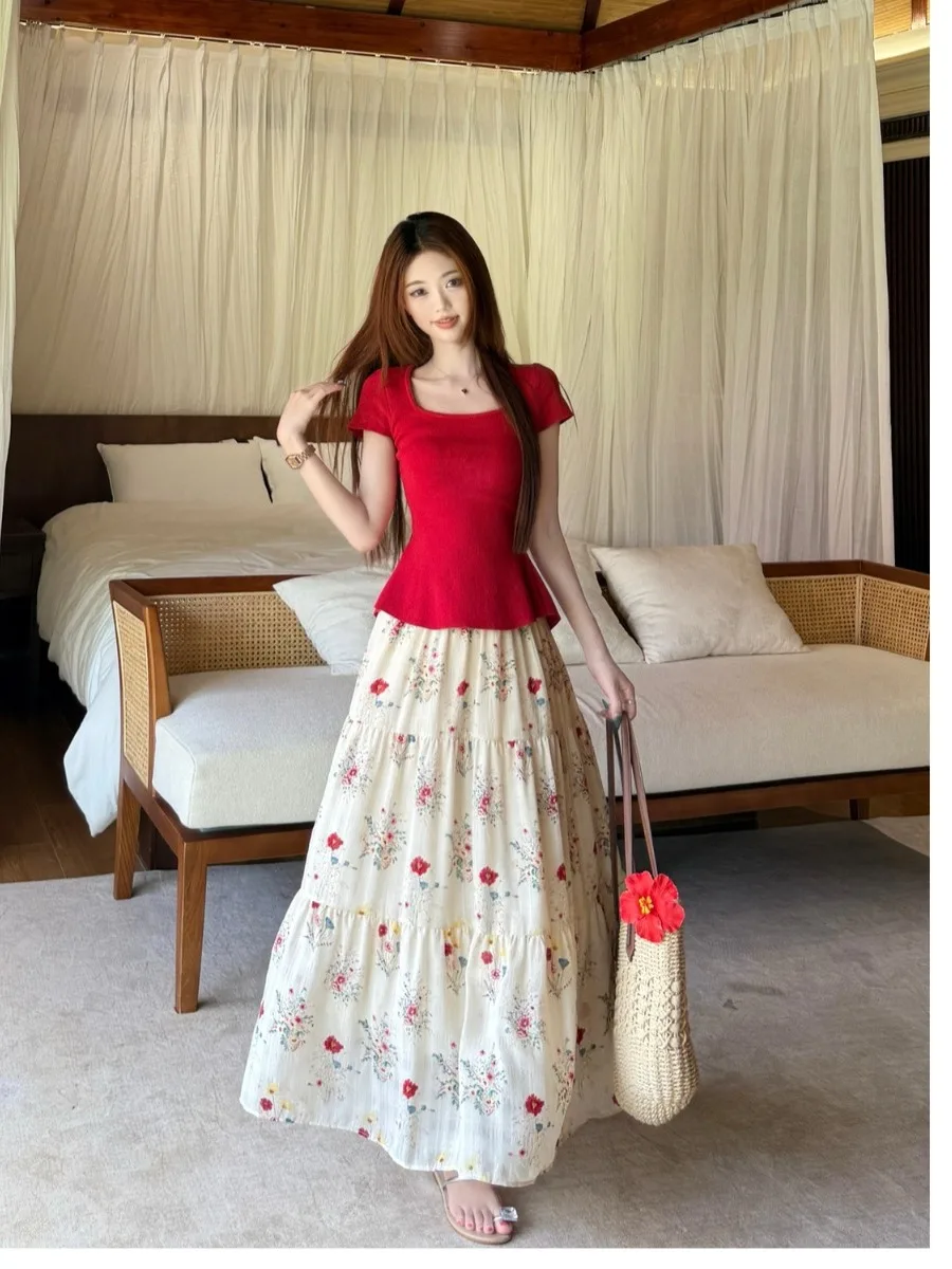 

plus Size Women's Sweet Style Red Back Tie Top And Floral High Waist Skirt Two Piece Set Summer New Fashion Korean Version