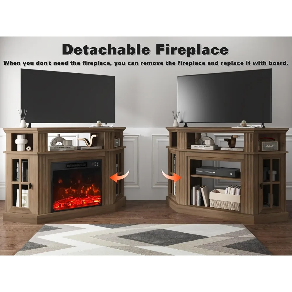 حامل تلفزيون بمدفأة زاوية مقاس 55 بوصة للتلفزيون حتى مع خزائن تخزين ومركز ترفيه ووحدة تحكم الوسائط لغرفة المعيشة