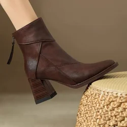 Women's Fashion Chunky Ankle Boots Fall New Square Head Short Tube Thick Zipper Splicing Temperament in The Heel Boots