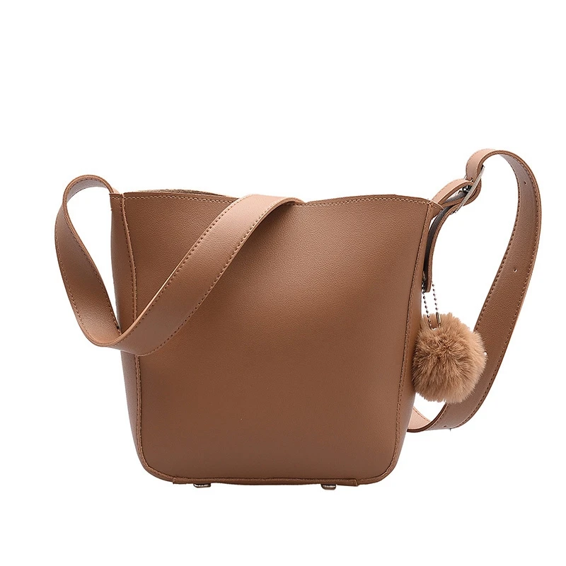 

Simple Solid Bucket Bags For Women New Design Thread Hair Ball Ladies Shoulder Bag Large Capacity Flap Bags