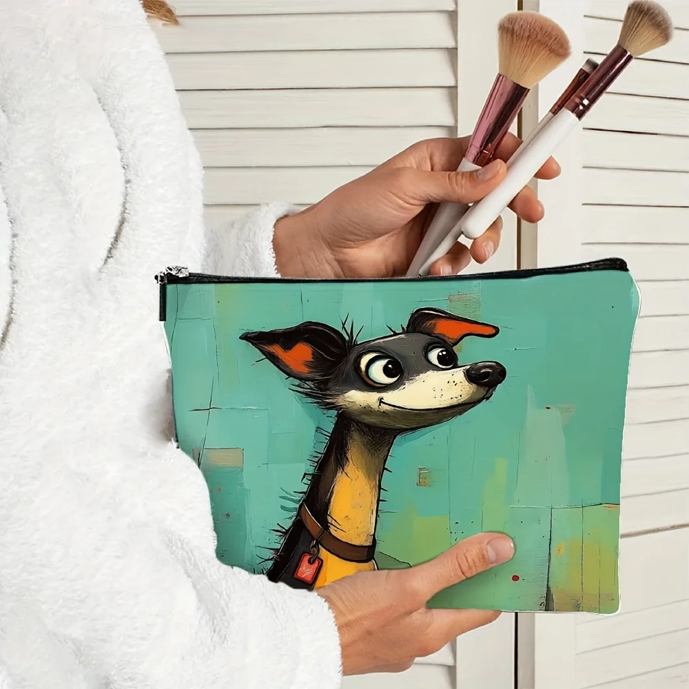 Una simpatica borsa per il trucco con motivo volto di cane con sfondo verde acqua: custodia multifunzionale con cerniera, borsa per riporre gioielli