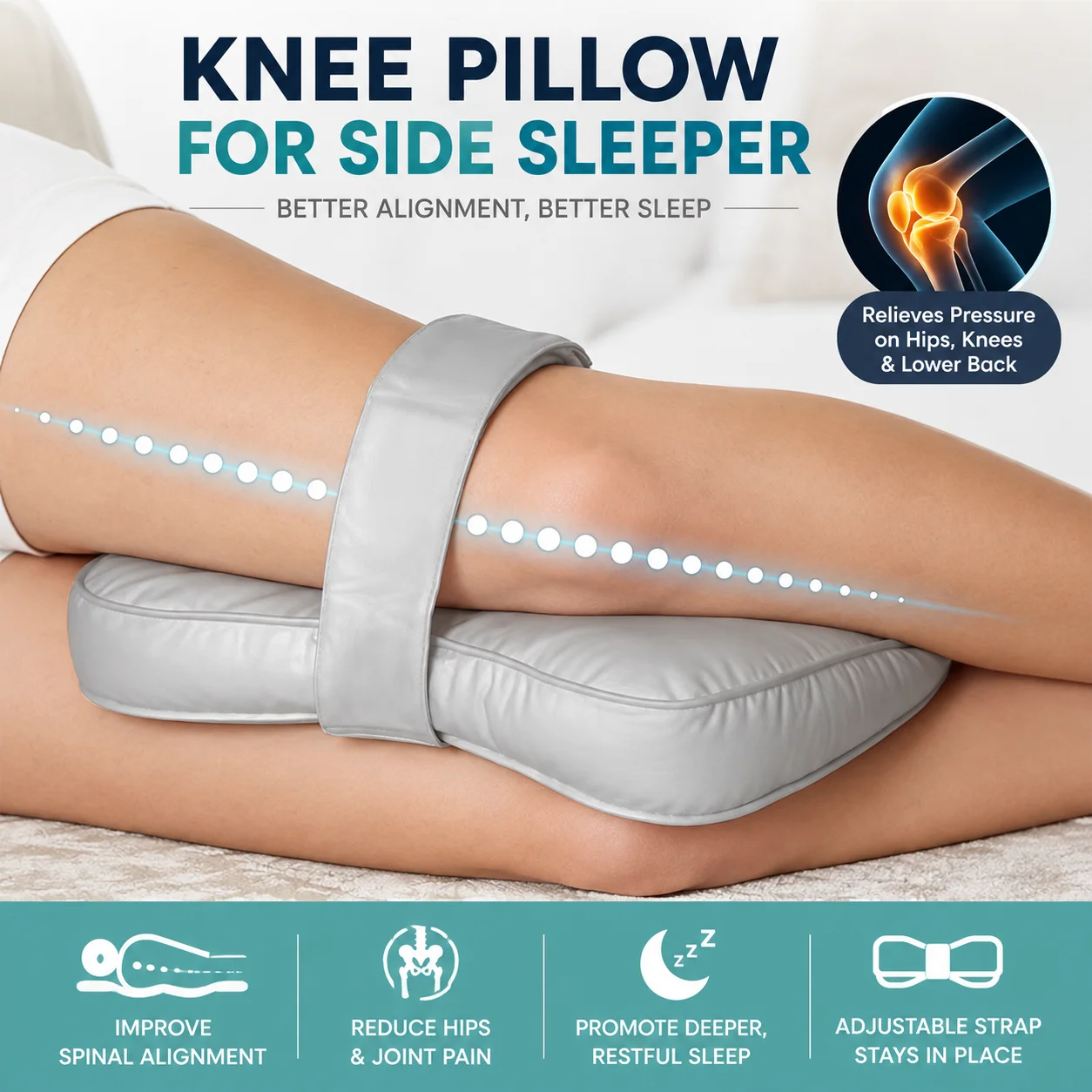 Knee Pillow for Side Sleepers - Between Leg & Under Knee Pillow for Back Sleepers