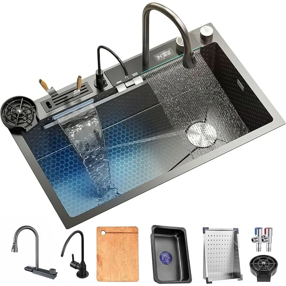 

31.5" Kitchen Sink, Stainless Steel Twin Waterfall Sinks with Faucet, LED Display, Honeycomb Nano Kitchen Sink