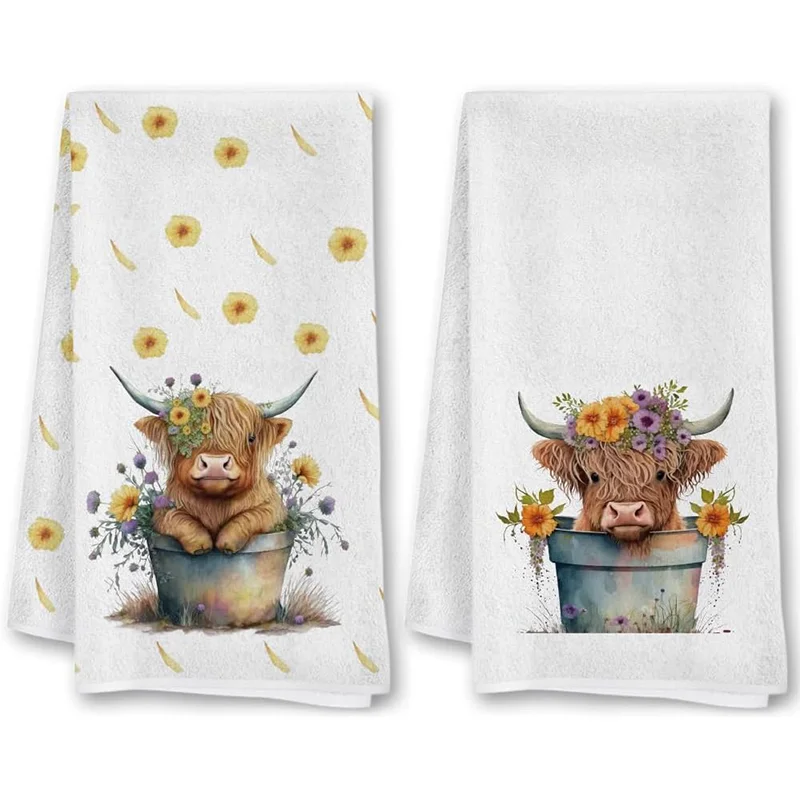 2 Stück, kleine gelbe Blumen-Hochlandkuh-Küchentücher, 40 cm x 60 cm Handtuch-Set, super saugfähiges weiches Reinigungstuch, Koch- und Backhandtuch, Handtuch, Reinigungstuch, Geschirrtuch, Küchendekoration, Wohnzimmerdekoration, Küchenutensilien, Essentials, Home Essentials