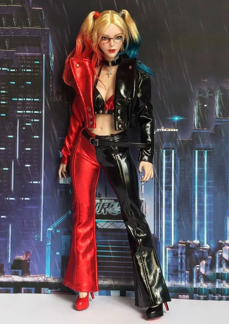 1/6 Scale Joker Girl Leather Clothes Set Clown Color Blocking Jacket Bra Pants Sets for 12in Action Figure Body Model Toys - view 3