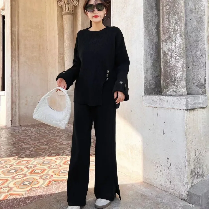 Casual Loose Solid Button Split Pullover+Elastic Waist Pants 2-piece Set Autumn/Winter Women's Suit New Korean Woman's Sets