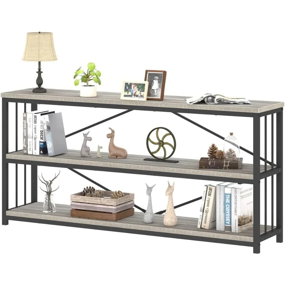 

Low Long Horizontal Bookshelf, Industrial Modern 3 Tier Etagere Bookcase, Large Wide Open Rustic Metal and Wood Grey Book Shelf