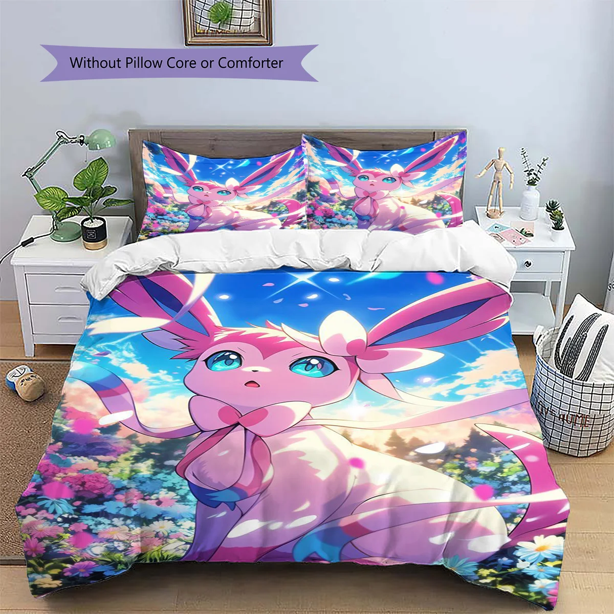 Sylveon Patterned Pillowcase & Duvet Cover Set Anime Culture Pattern Bedding for Bedroom Decor Best Gift for Enthusiasts.-TING