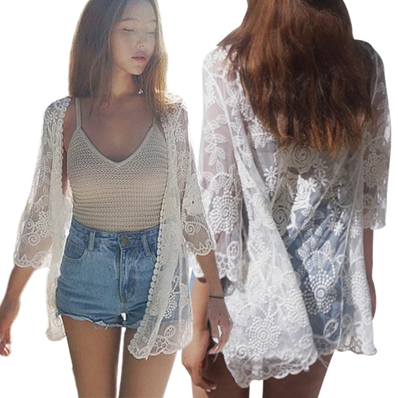 Women Summer Lace Open Front Kimono Cardigan Crochet Floral Leaves Pattern Sheer Mesh Swimsuit Cover Up See Through Beach Blouse