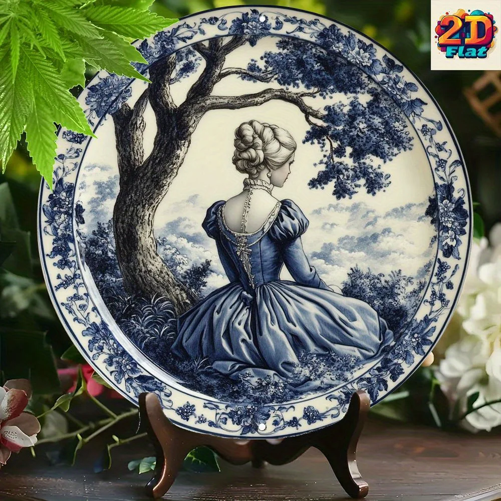 2D Flat - [Open ]2D Flat, 1pc Elegant Wall Art - Classic Blue & White Round Decor with Regal Woman in Long Dress, Lush Trees & O