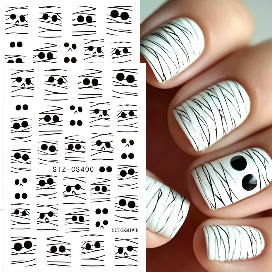 Halloween Mummy Bandage Nail Art Stickers Black Line Wrapped Ghost Spooky Nail Decals Self-Adhesive Sliders DIY Nail Supplies