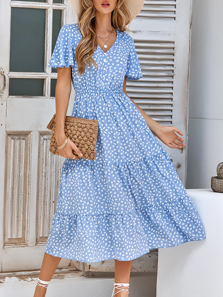 Vestido estampado con cuello en V para mujer, vestidos Retro bohemios para mujer, vestido Midi de manga corta con hoja de loto, Vestido de playa suelto informal para mujer, Verano