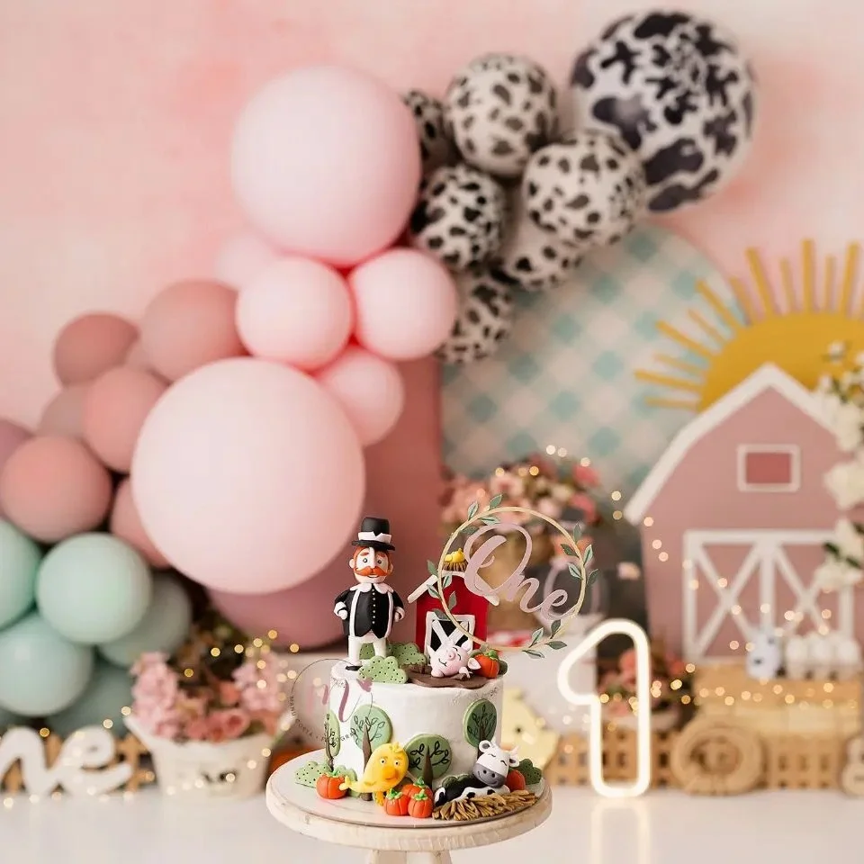 1set Carton Cow Pig Farm Animal Balloon Tower Pink Foil Number Balloons for Kids Farmland Birthday Party Decoration Supplies