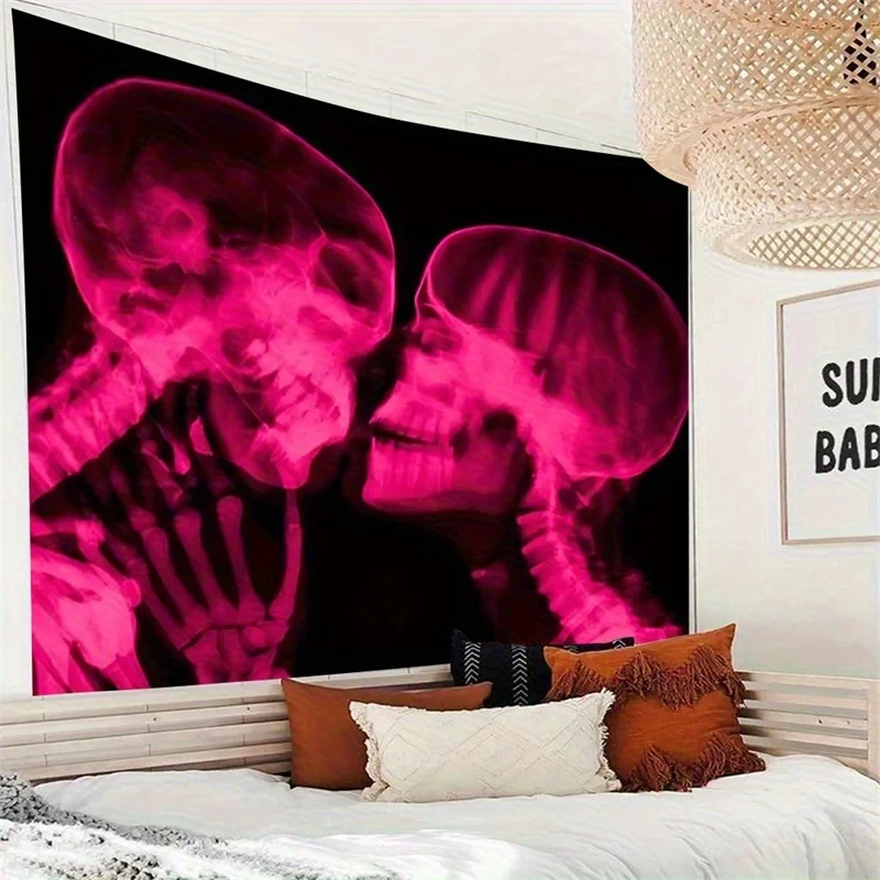 VIKAMA Pink X-Ray Kissing Skull Tapestry Black Background Gothic Romantic Skeleton Couple Wall Hanging Bedroom Decor Cloth
