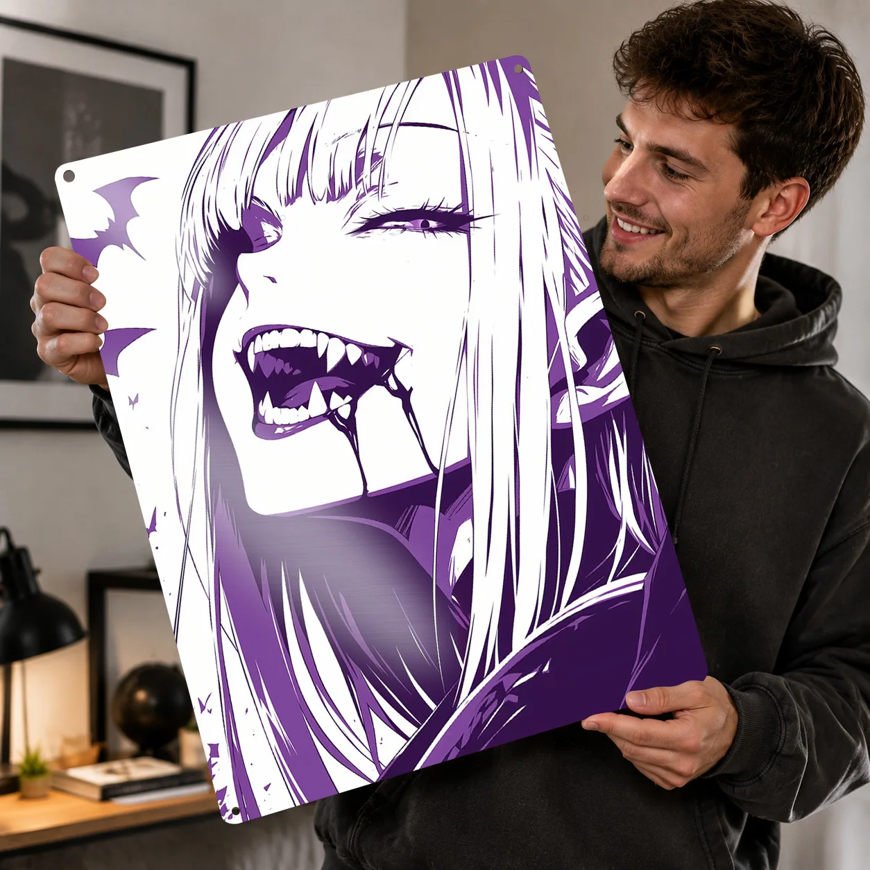 Vampire Girl Anime Art 3D Texture Printed Poster Custom Vintage Metal Tin Plate Sign for Wall Art Interior Living Room Decor