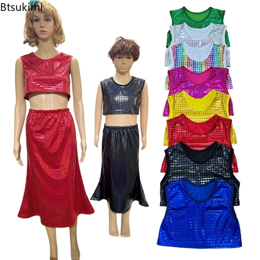Kids Girls Boys Cheerleading Dance Performance Costume Metallic Plaid Jazz Dance Crop Top Sleeveless Vest for Stage Show Party
