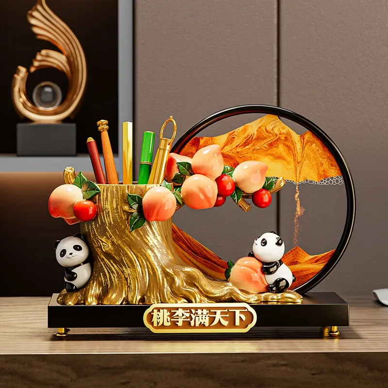 Panda Pen Holder with Quicksand Painting Storage Desktop Ornament Office Decoration Stationery Organizer Gift for Teachers