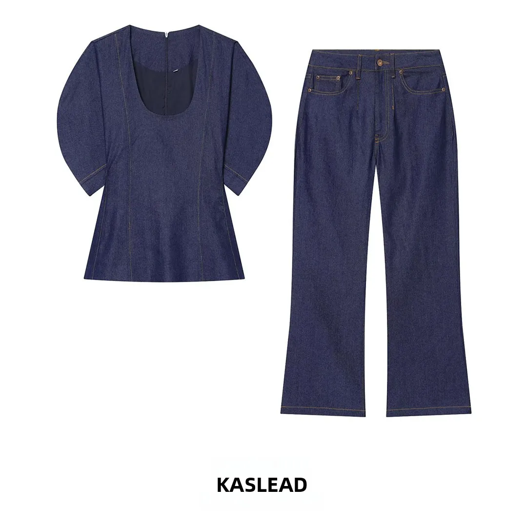 

KASLEAD New Women's Fashion round Neck Bubble Short Sleeve Denim Shirt Pants Set Summer Collection Stylish Casual Outfit