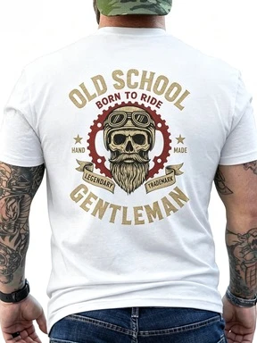 Vintage T-Shirt Old School Skull Graphic 2026 Unisex Tee Back Bearded Biker Skull Gear Circle Letter Print Oversized Motorcycle