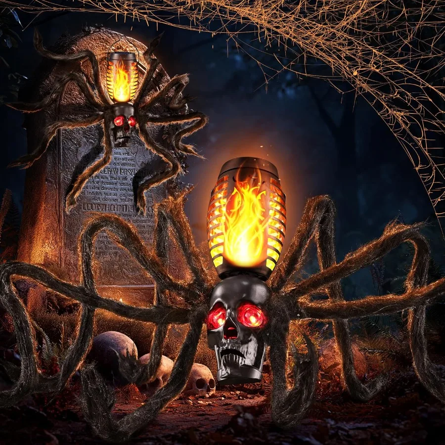 أضواء لهب جمجمة الهالوين تعمل بالطاقة الشمسية مع 8 مخالب عنكبوت للديكور الخارجي مثالية لحفلات الهالوين والحديقة Se