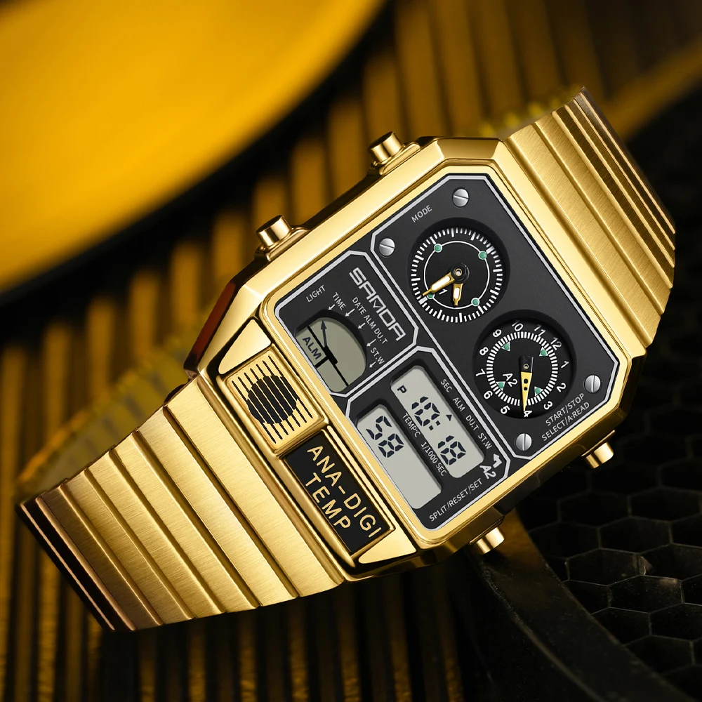 Reloj de pulsera Digital cuadrado electrónico SANDA para hombre, cronómetro con medición de temperatura de acero inoxidable, alarma, calendario, reloj deportivo