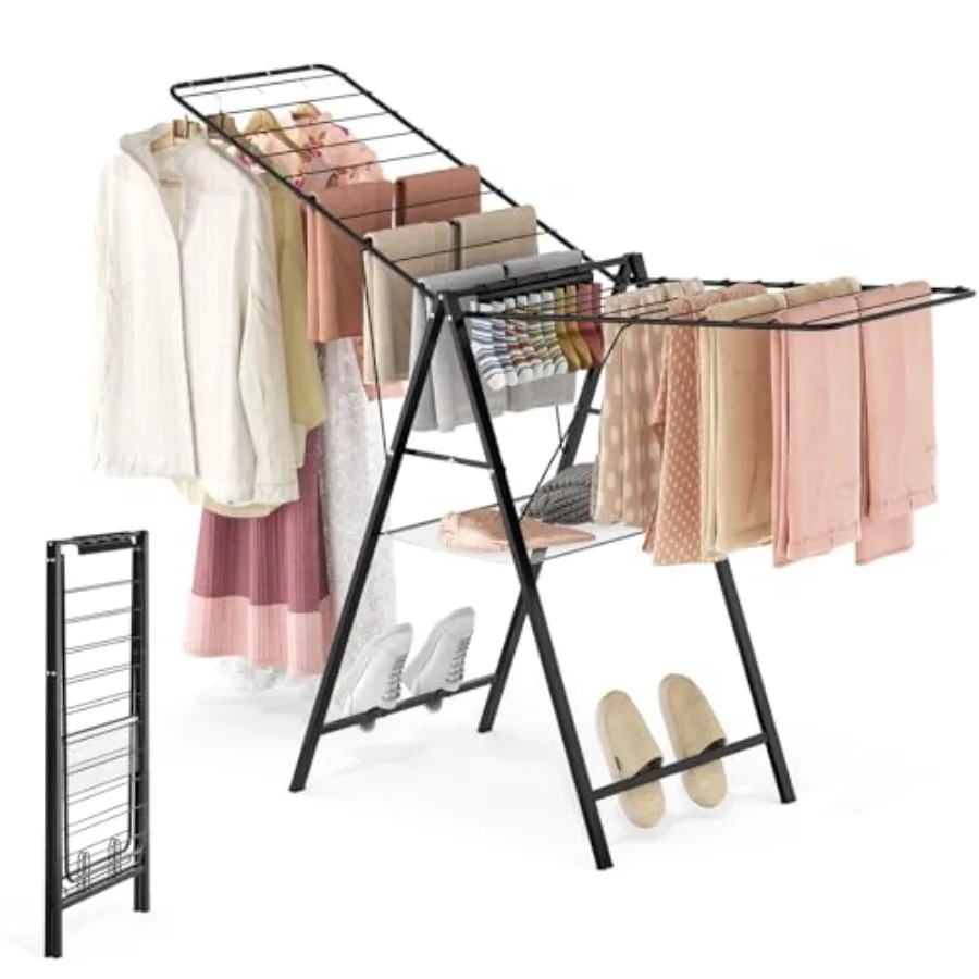 

Foldable Metal Clothes Drying Rack with Height Adjustable Rails Ultra Thin Design for Indoor Outdoor Use Gullwing Style Drying