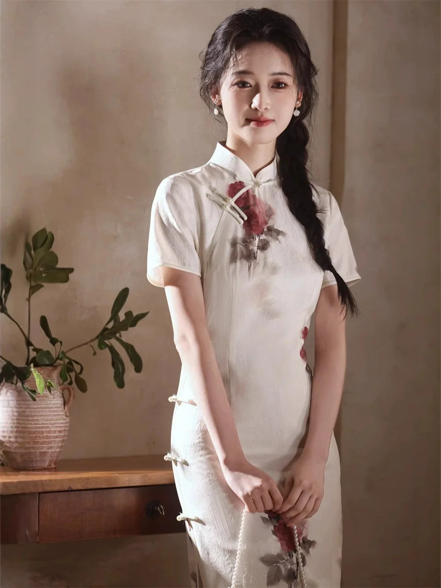 2025 Spring/Summer New Jacquard Printed Rose Long Side Eight Button Cheongsam Chinese Style Flower Style Slimming Qipao