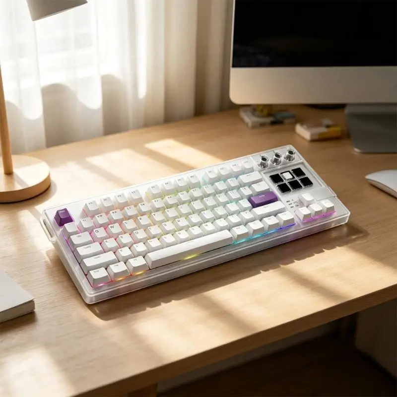 31BA Double Shot Cap Mechanical Keyboard with 3 Pressable Control Knobs, 6 LCD Display Pads and Sound Dampened Typing Feel