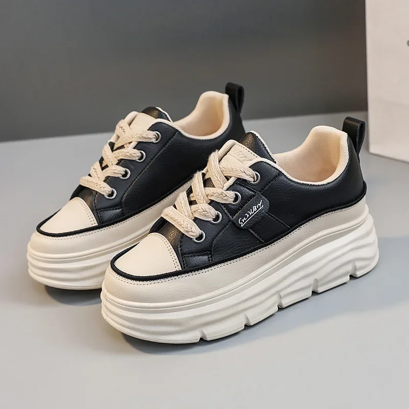 Moipheng White Platform Women's Sneakers Lace-Up Thick Bottom Vulcanize Shoes Woman Pu Leather Breathable Sports Shoes Ladies_voghion.com