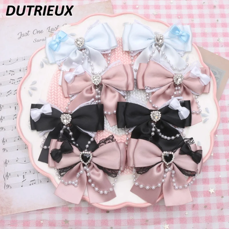 

Handmade Sweet Cute Lolita Mine Lace Pearl Chain Hairpin Kawaii Bow Edge Clip Hairclips All-matching Hair Accessories for Girl