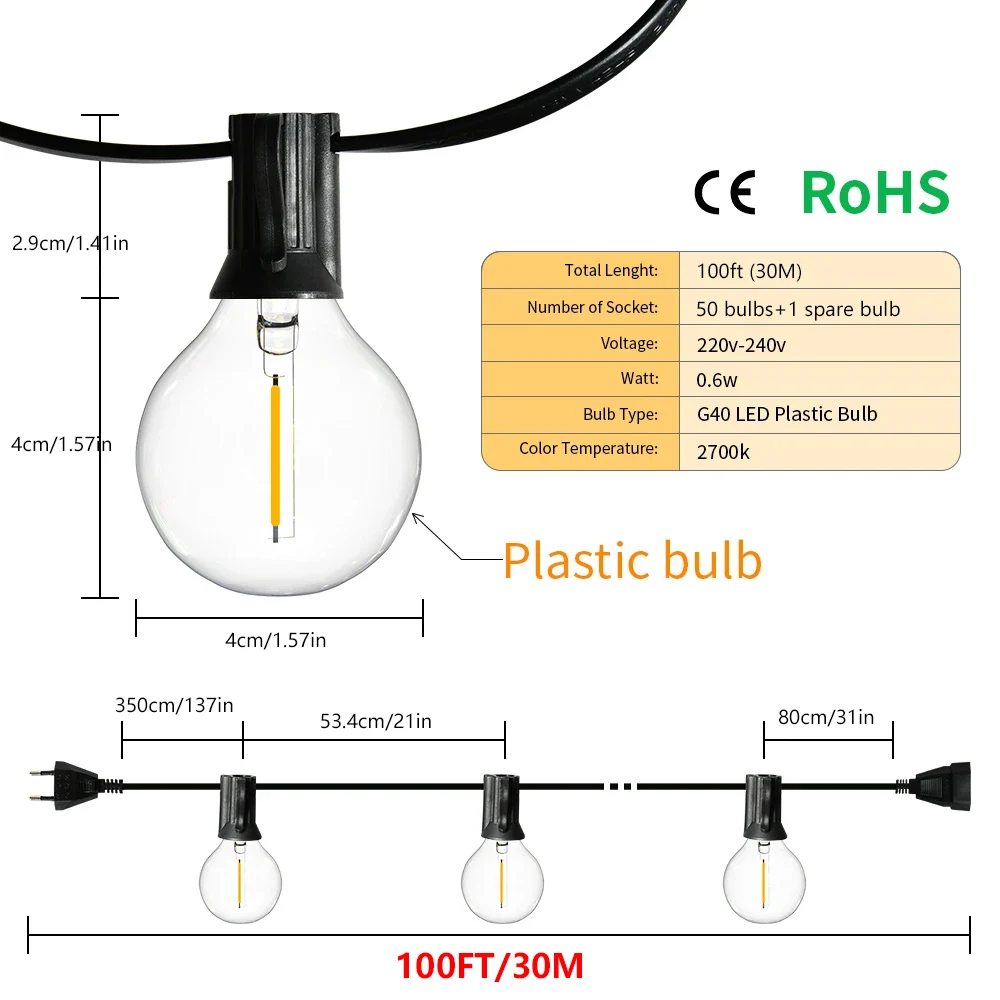 30M 45M G40 Slinger Licht Festoen Led Lamp Fairy Outdoor Straatlantaarn Waterdichte Retro Lamp Voor Tuindecoratie