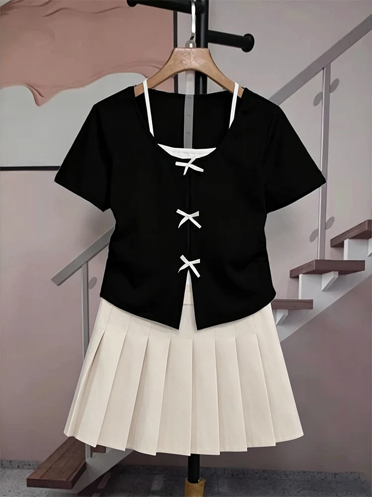 スリムフィットプラスサイズバレエスタイルセット-ハイウエストショートスカート-半袖ラウンドネックtシャツ-レディースおしゃれアンサンブル