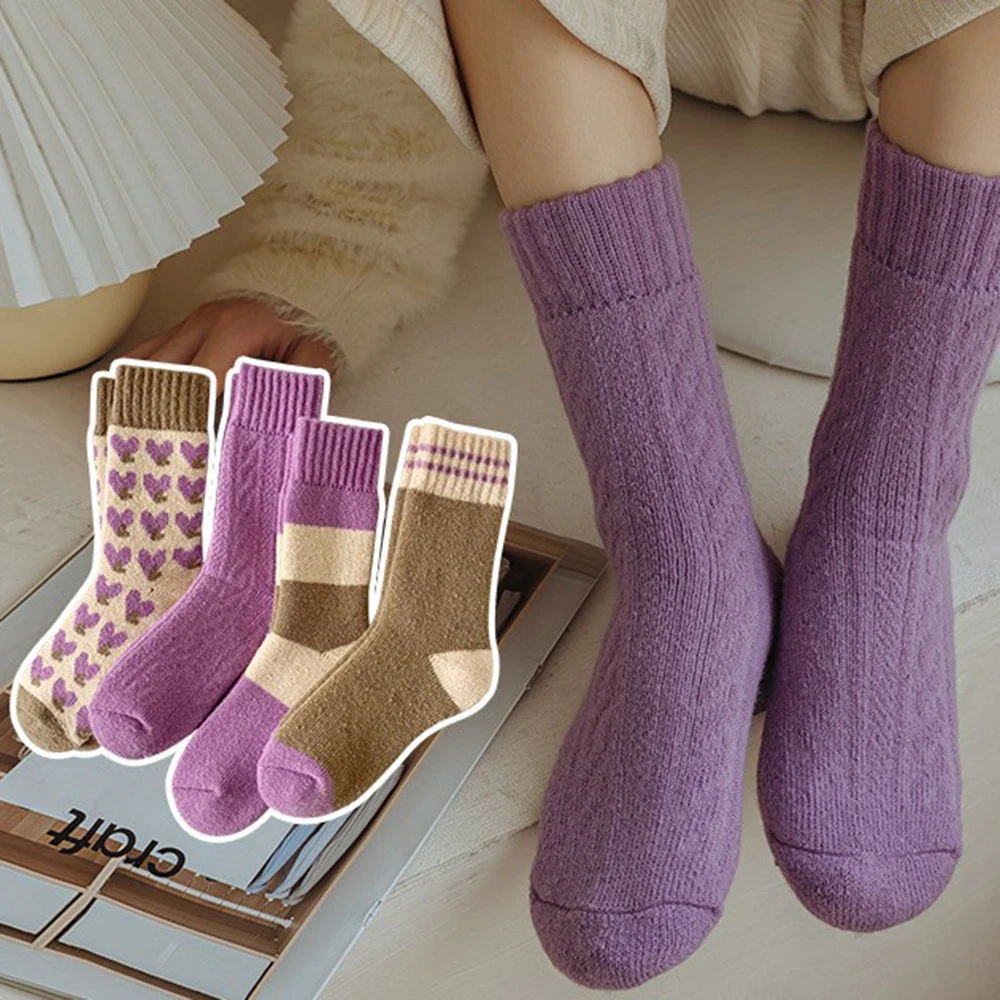 4-Paar-Sets, Stricksocken, lila, niedliche Herzen, bedruckt, Herbst-Winter-Strümpfe, mittellange Socken, Mädchen-Mittelsocken, Valentinstagsgeschenk