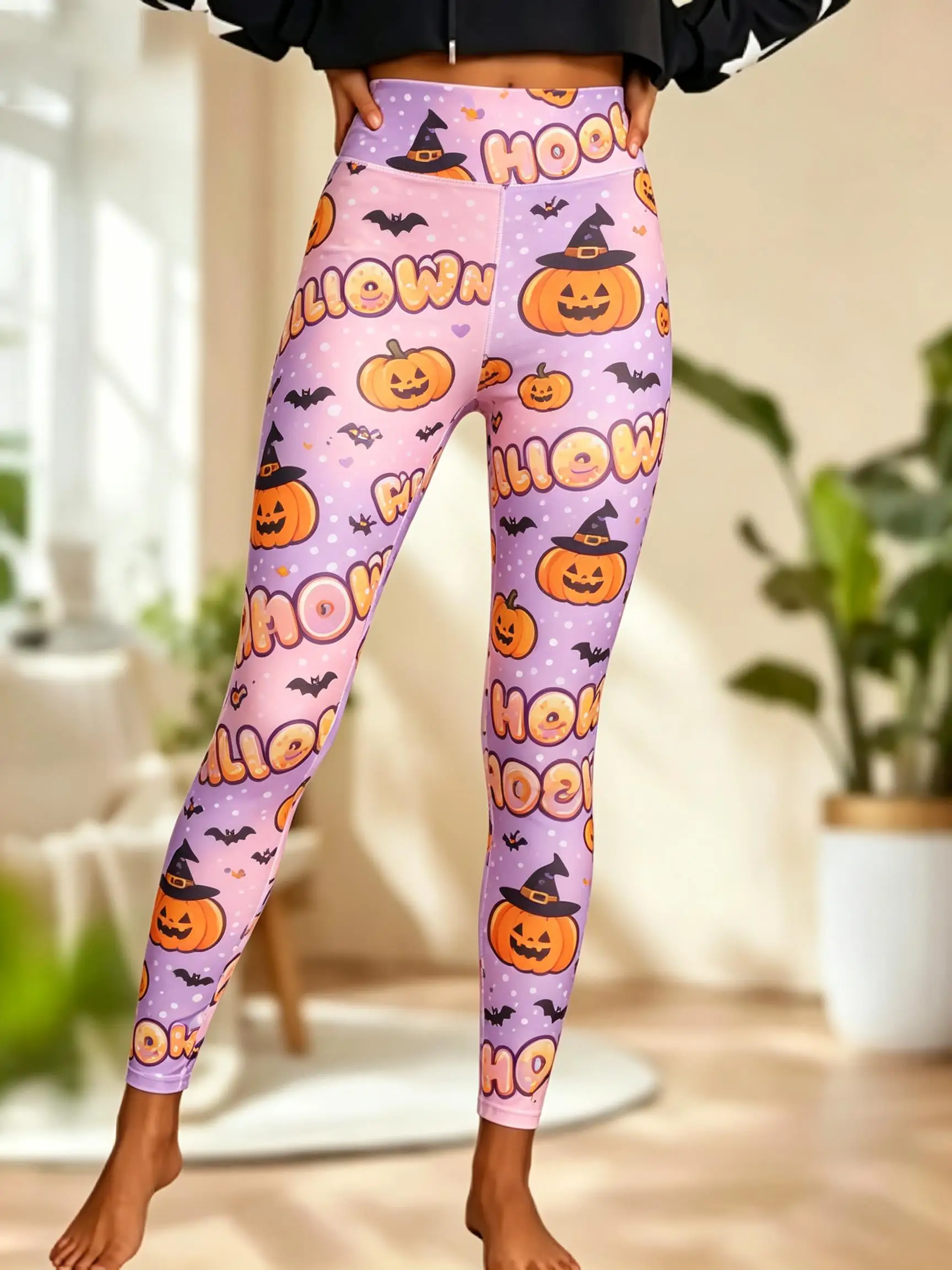 Women Halloween Fleece Mid‑Rise Leggings LOVE Letter Pumpkin Witch Hat Bat Spider Web Full Print Stretch Slim Pants