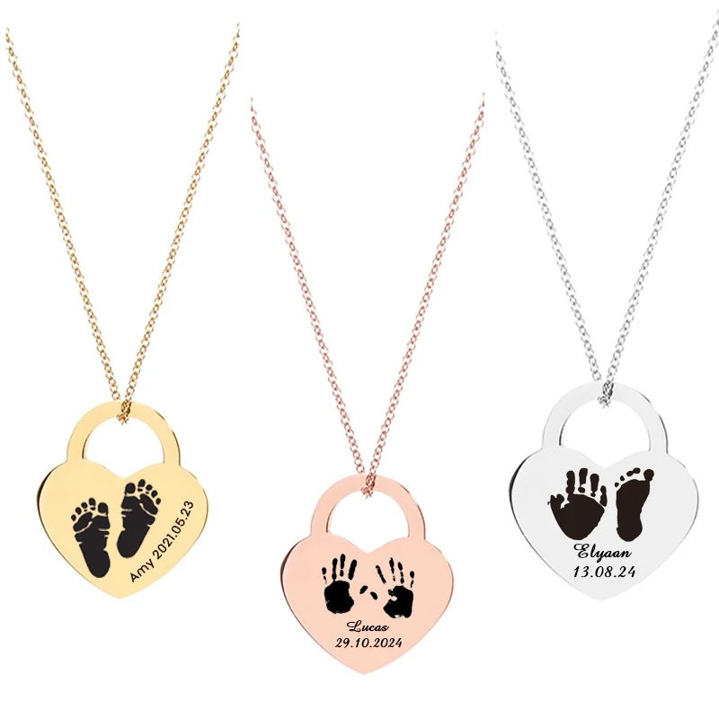 Heart Shape Personalized Engraving Baby Footprint Name Custom Necklace For New Mom Gift High Quality Stainless Steel Choker Chai