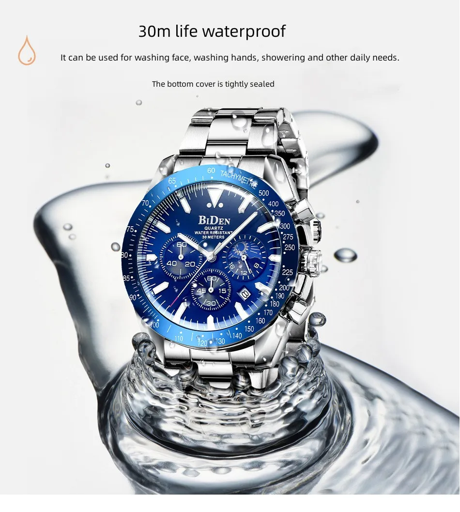 

Biden Blue Water Ghost men's wristwatch stainless steel strap top brand luxury fashion casual multi-functional men's watch