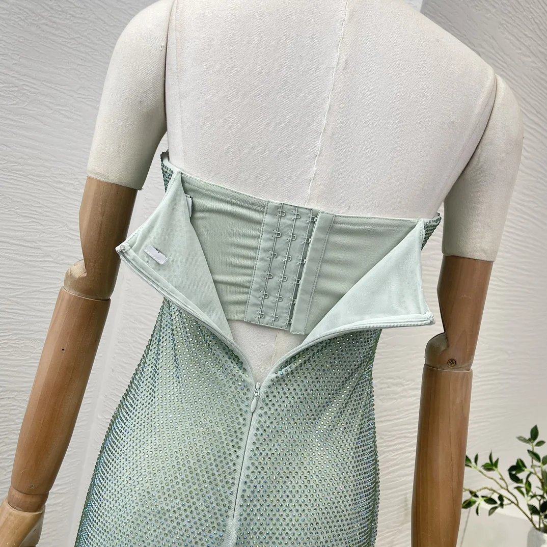 Vestido maxi de tubo sem mangas feminino, diamantes verdes recortados dobras, qualidade superior, luxo, última coleção, para festa, 2023