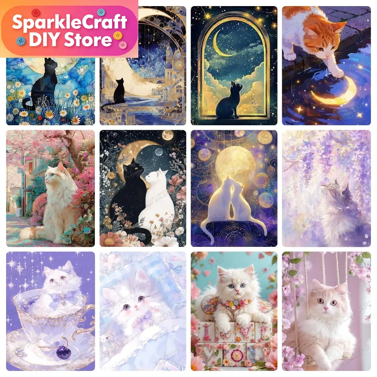 Animal Cat Moon Diamond Painting Kit 5D DIY Mosaic Diamond Embroidery Handmade Art Exquisite Gift Home Decoration