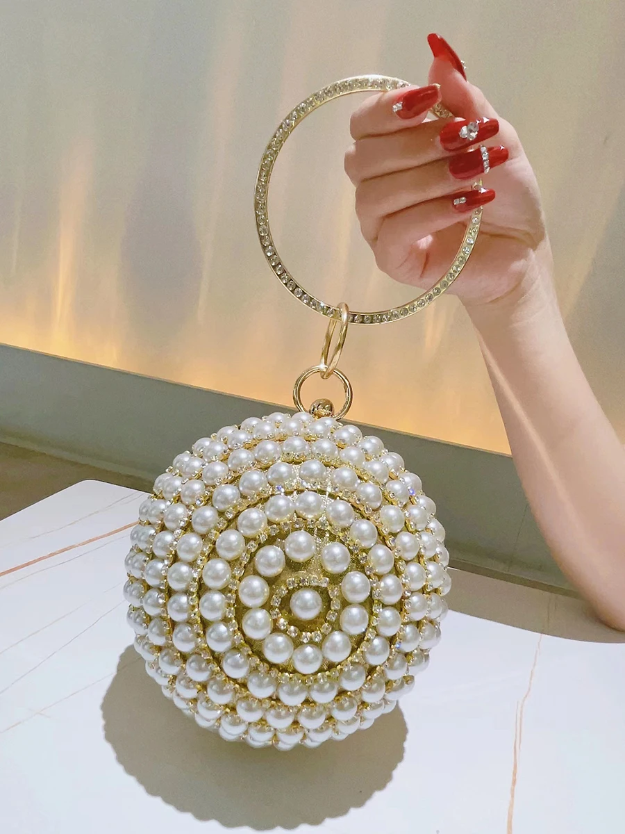 Round Pearl Clutch Purse Mini Handbag Luxury Elegant Evening Bag Ring Handle For Women Bride Bridesmaid Wedding Party Handbag