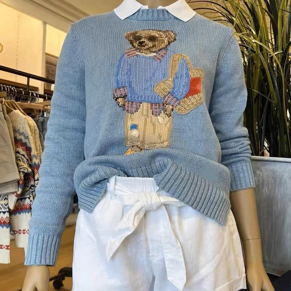 

Длинный вязаный свитер из чистого хлопка, повседневный свободный крой с рисунком животного, вышивка, мультяшный медведь, осень-зима