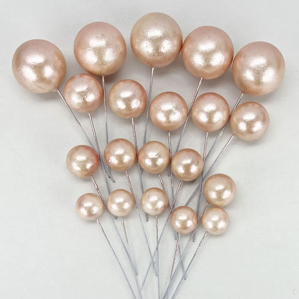 100Pcs Pearl Balls Cake Toppers 2/4cm Glitter Glossy Pearl Rose Gold Balls Cupcake Toppers for Birthday Wedding Party Cake Decor