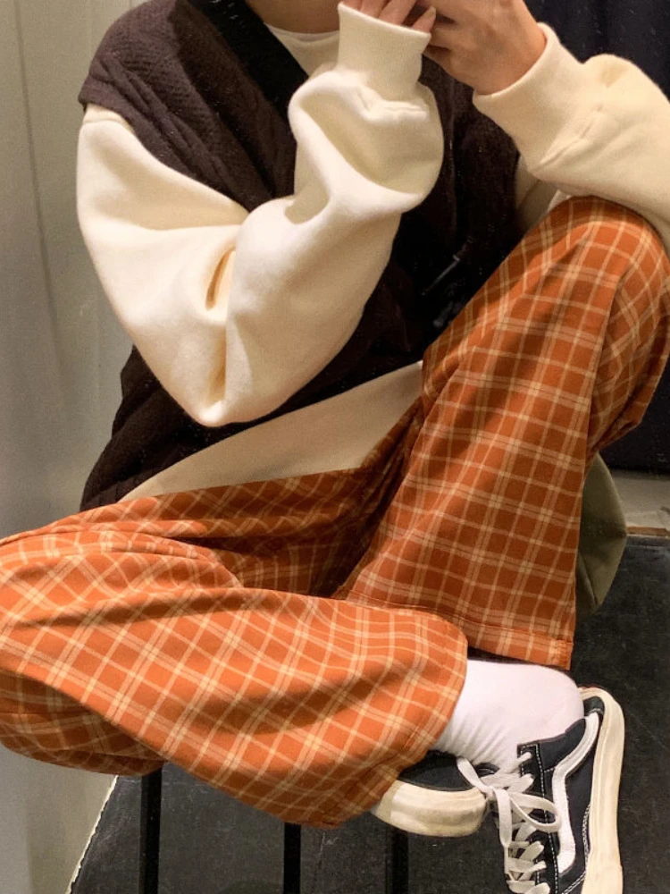 HOUZHOU Harajuku Plaid Pants Women Oversize Wide Leg Trousers Female Korean Style High Waist Checkered Pajama 2021 Spring Summer